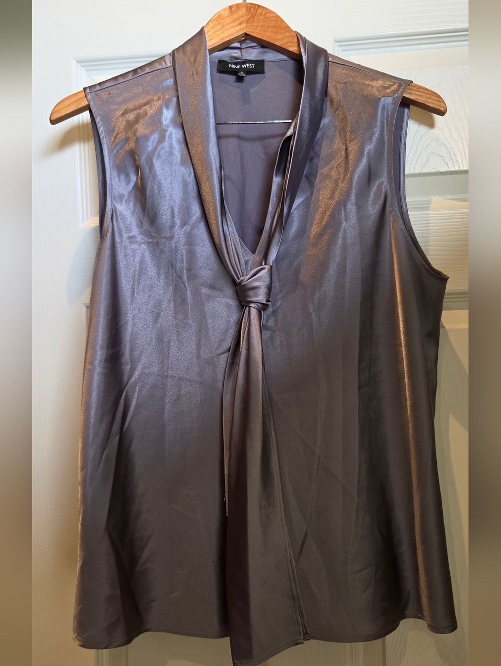 Nine West Satin Tie-Neck Blouse in Dark Silver/Pewter